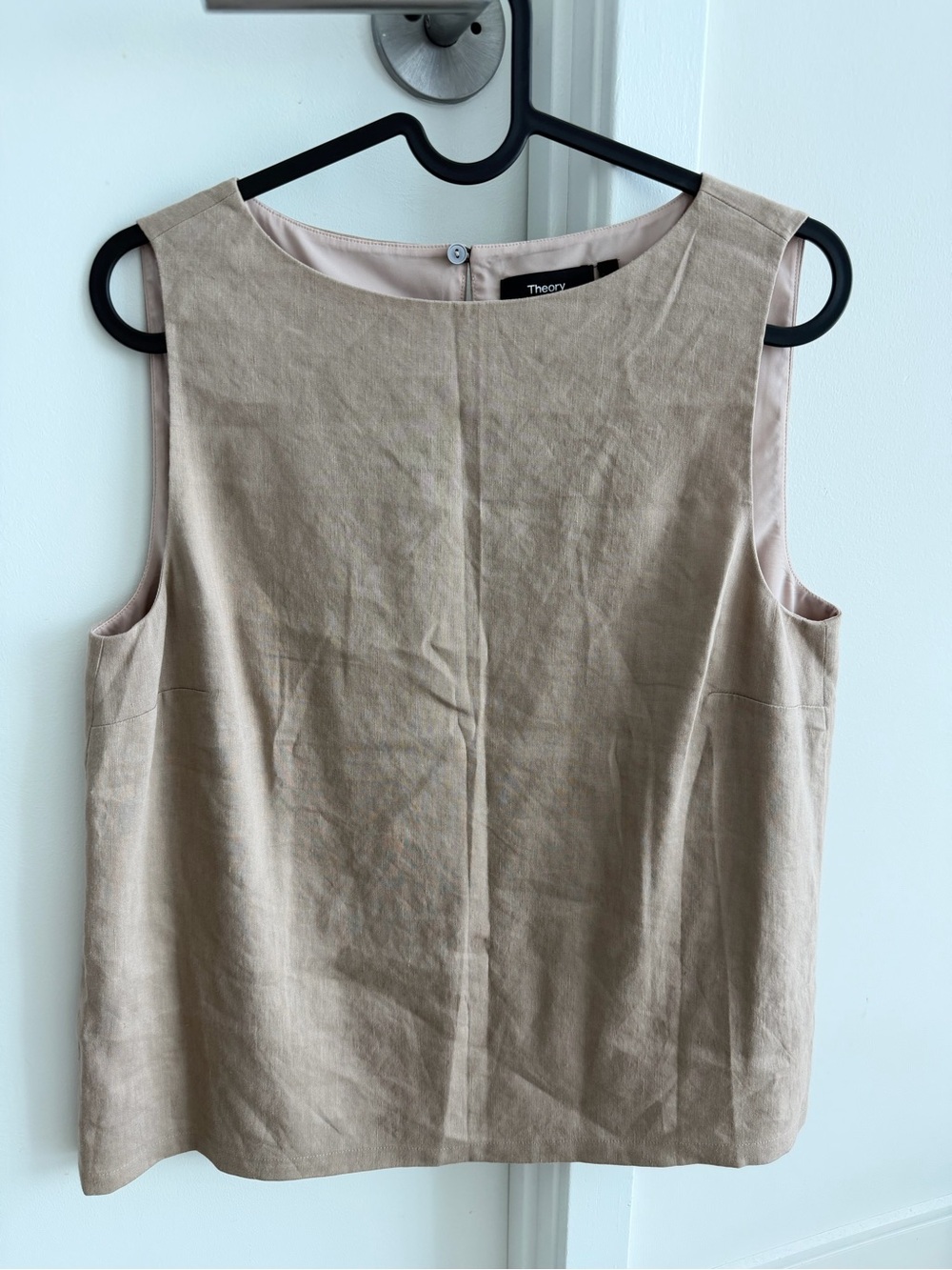 Theory boat neck shell top linen blend taupe